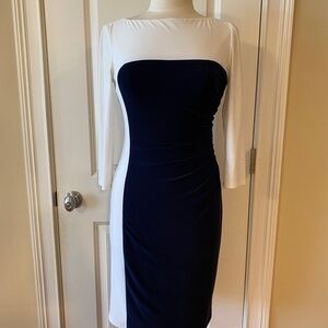 Lauren Ralph Lauren Navy & White Sheath Dress with Side Ruching | Size 4